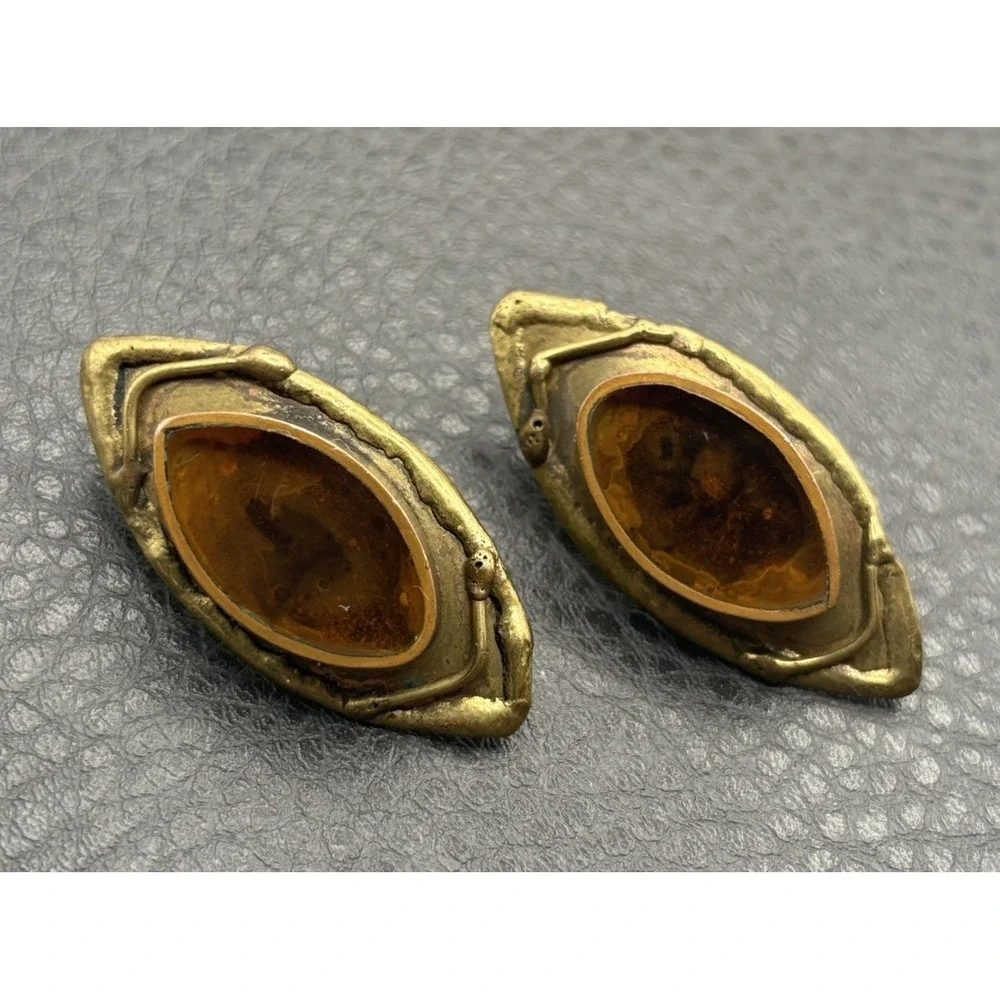 Vintage 80s Brutalist Mixed Metal Faux Amber Earrings Copper Brass Modernist